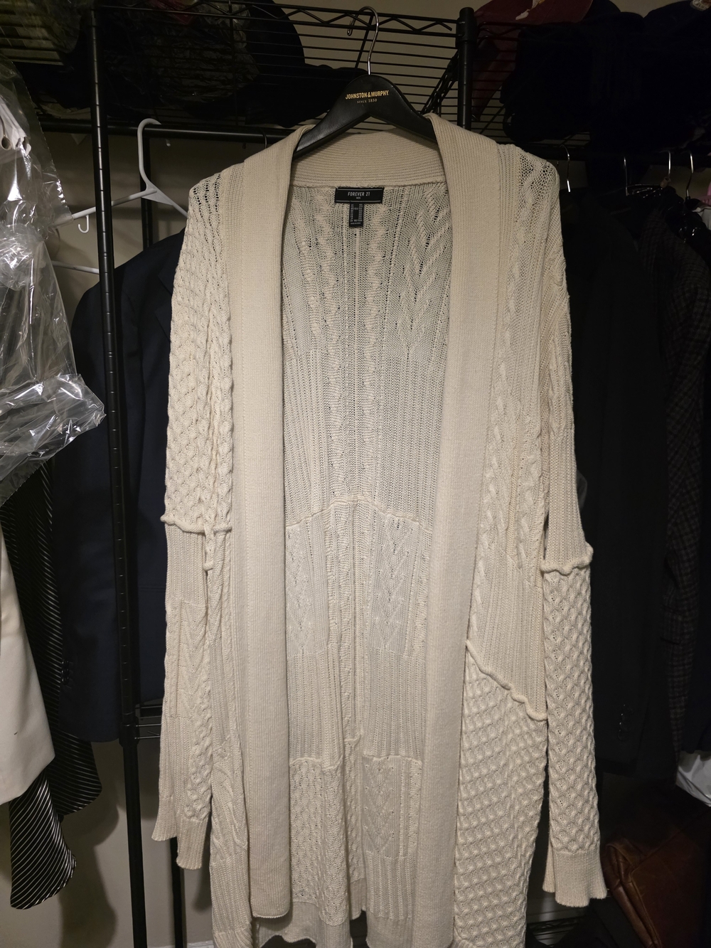 Men's Forever 21 Cream Cable Knit Open-Front Cardigan